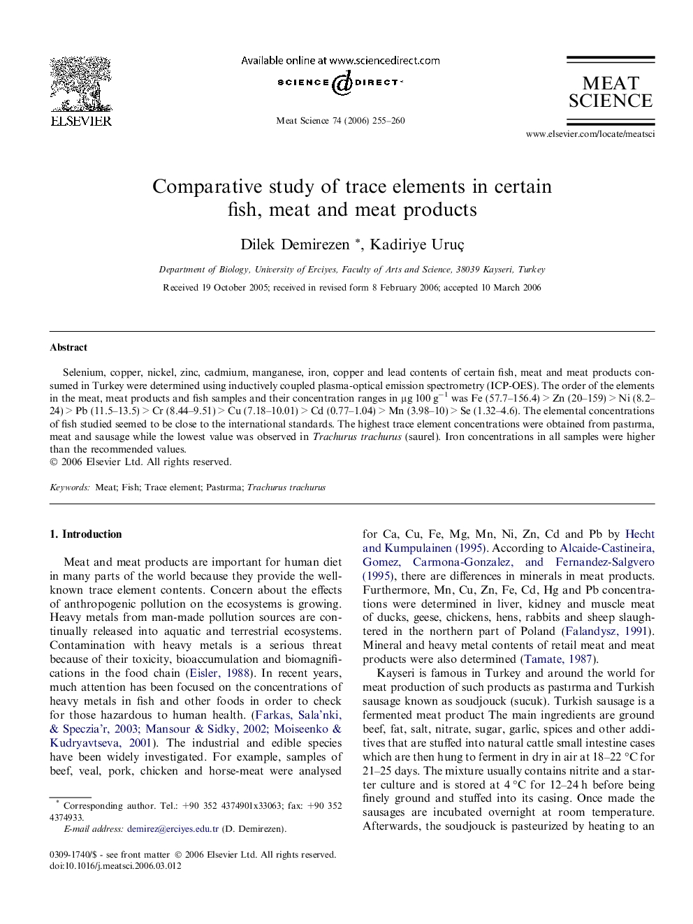 Comparative study of trace elements in certain fish, meat and meat products