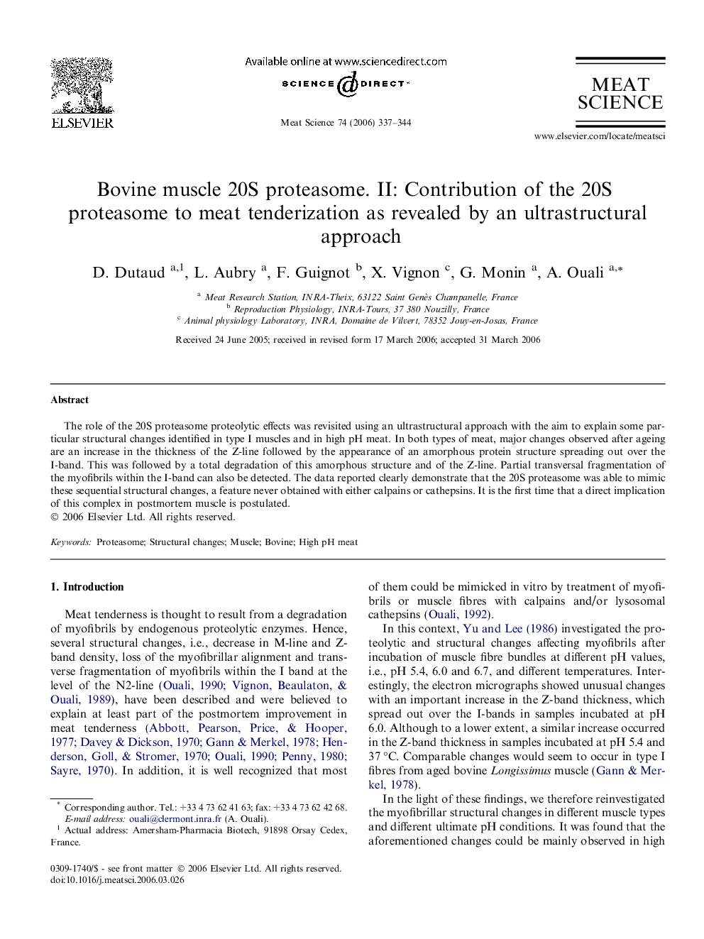 Bovine muscle 20S proteasome. II: Contribution of the 20S proteasome to meat tenderization as revealed by an ultrastructural approach