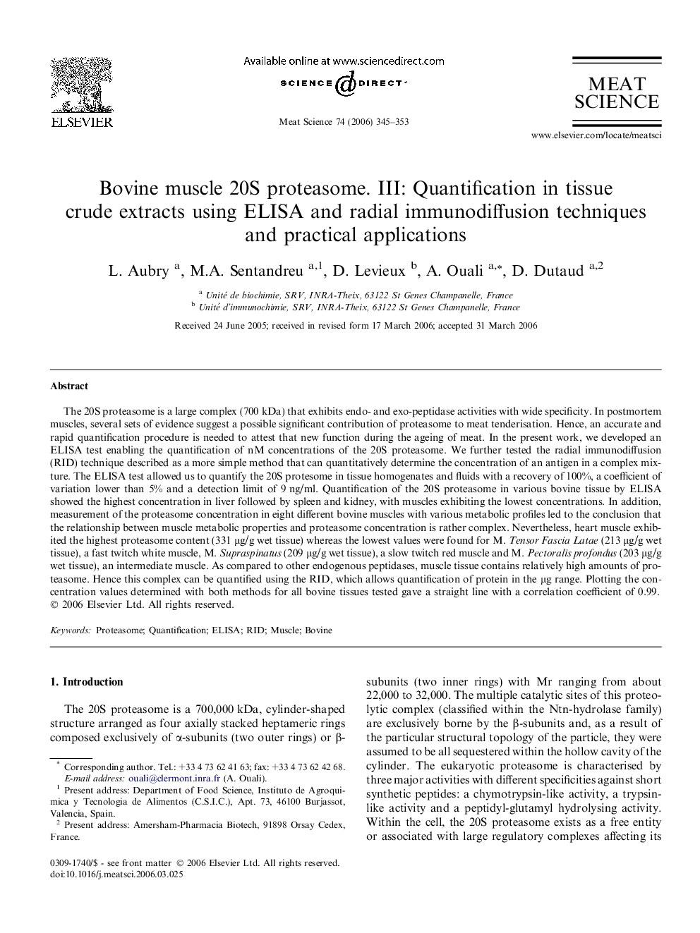 Bovine muscle 20S proteasome. III: Quantification in tissue crude extracts using ELISA and radial immunodiffusion techniques and practical applications