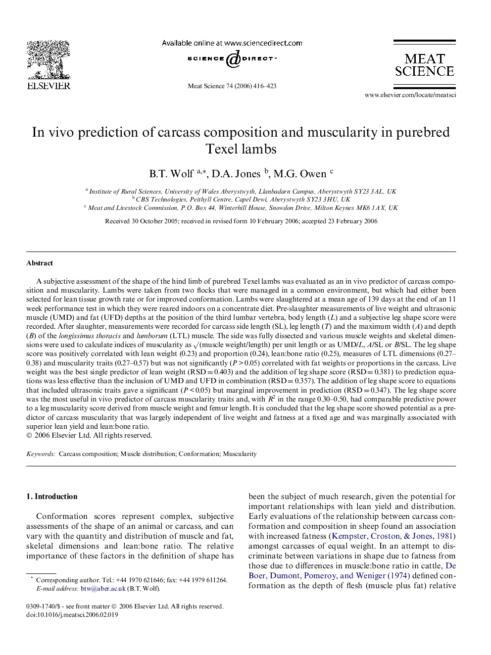 In vivo prediction of carcass composition and muscularity in purebred Texel lambs