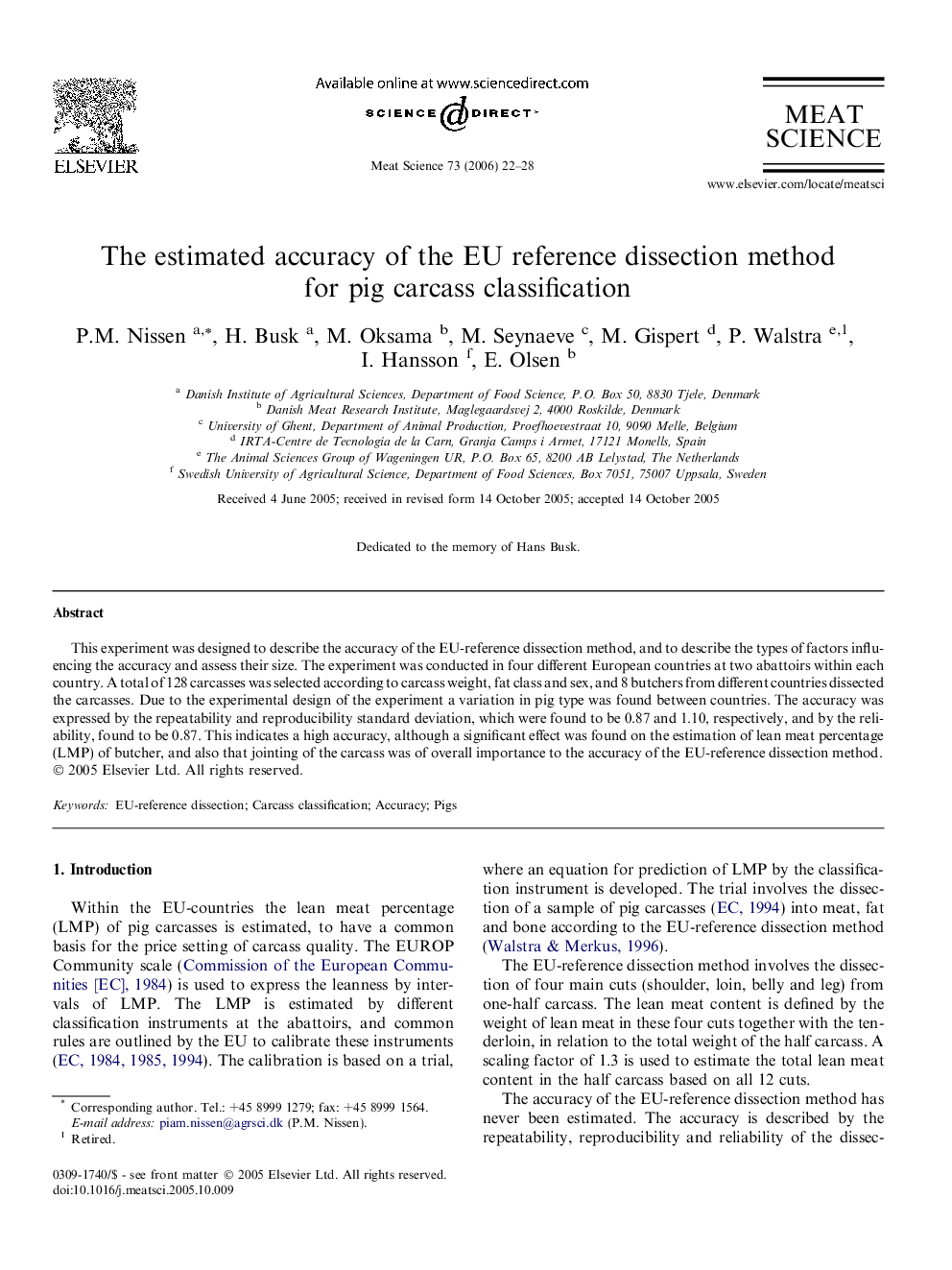 The estimated accuracy of the EU reference dissection method for pig carcass classification