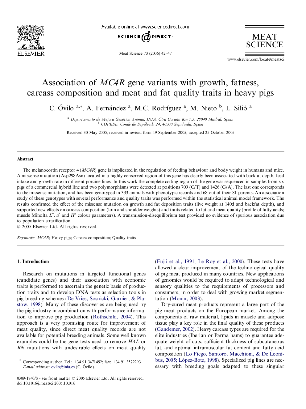 Association of MC4R gene variants with growth, fatness, carcass composition and meat and fat quality traits in heavy pigs