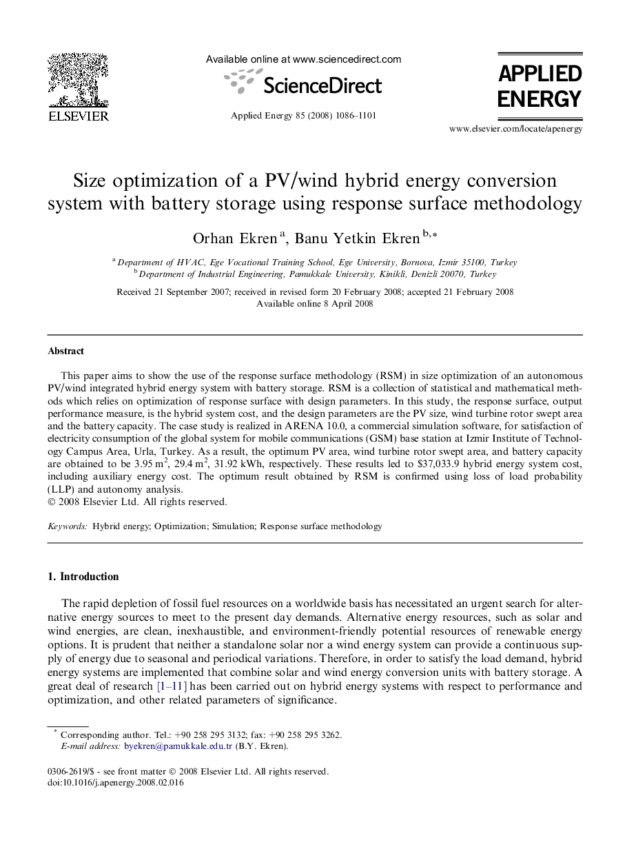 Size optimization of a PV/wind hybrid energy conversion system with battery storage using response surface methodology