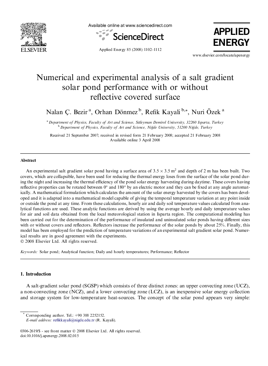 Numerical and experimental analysis of a salt gradient solar pond performance with or without reflective covered surface