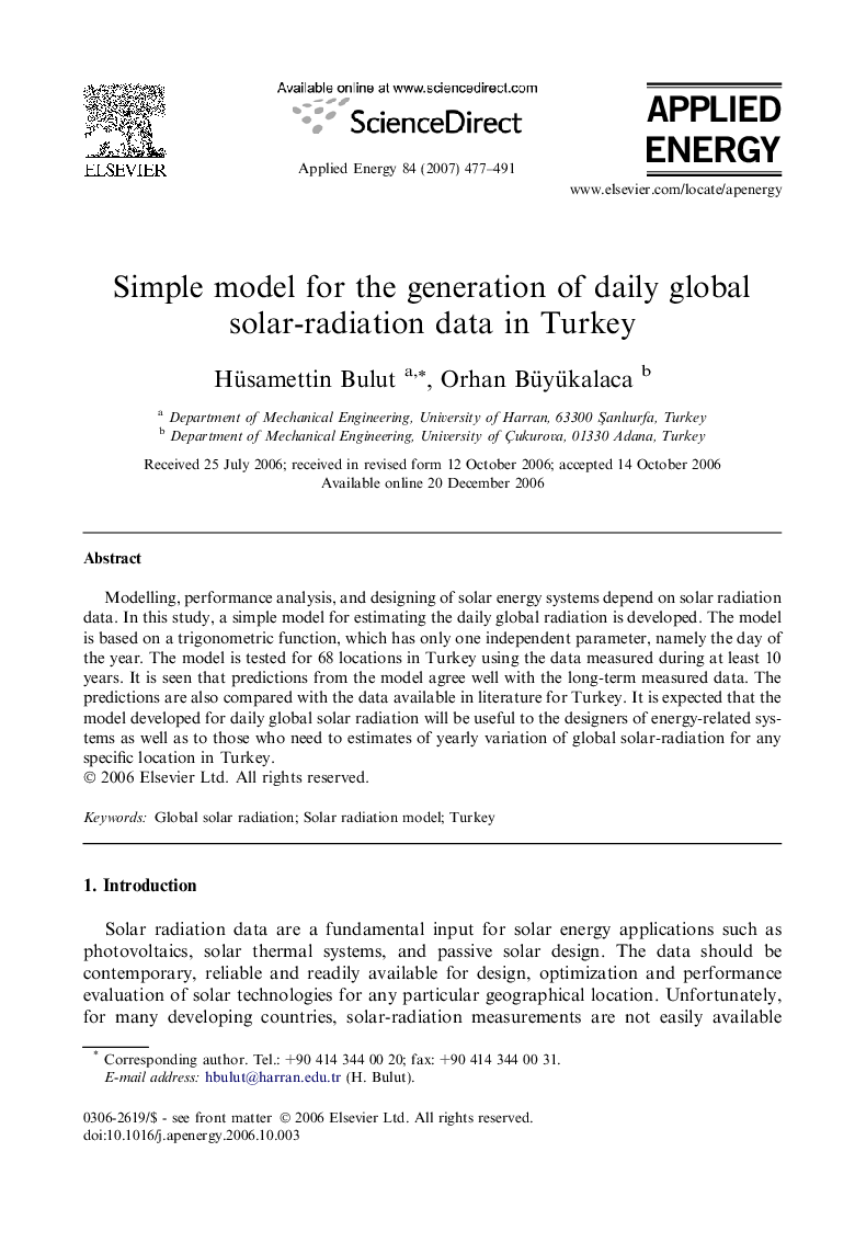 Simple model for the generation of daily global solar-radiation data in Turkey