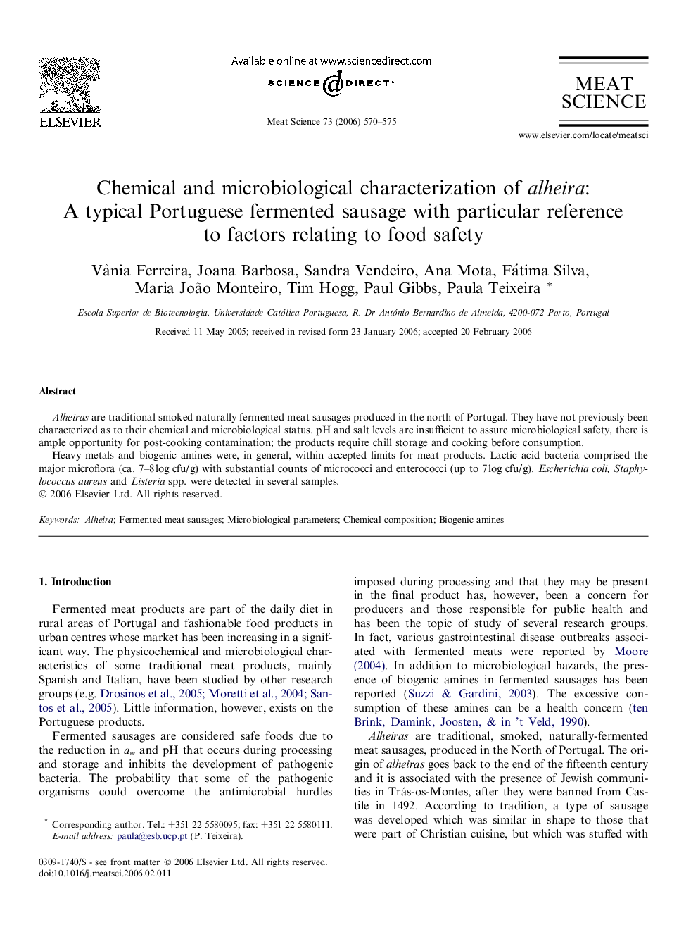 Chemical and microbiological characterization of alheira: A typical Portuguese fermented sausage with particular reference to factors relating to food safety