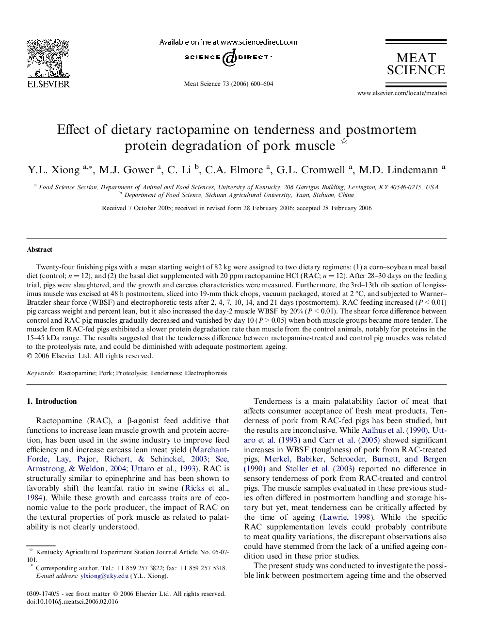 Effect of dietary ractopamine on tenderness and postmortem protein degradation of pork muscle 