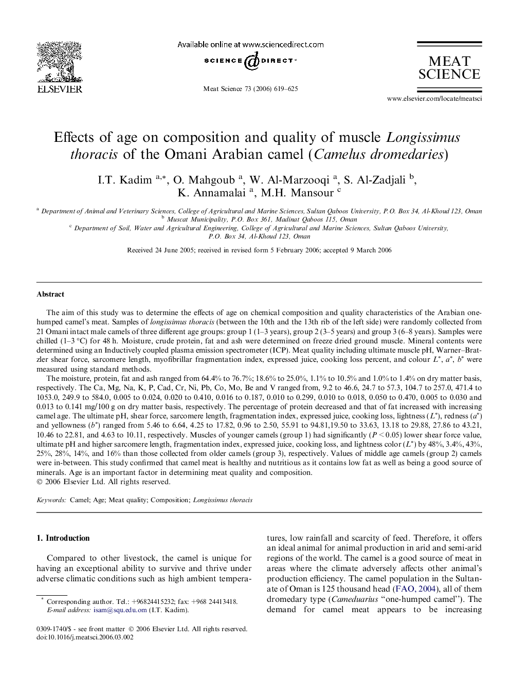 Effects of age on composition and quality of muscle Longissimus thoracis of the Omani Arabian camel (Camelus dromedaries)