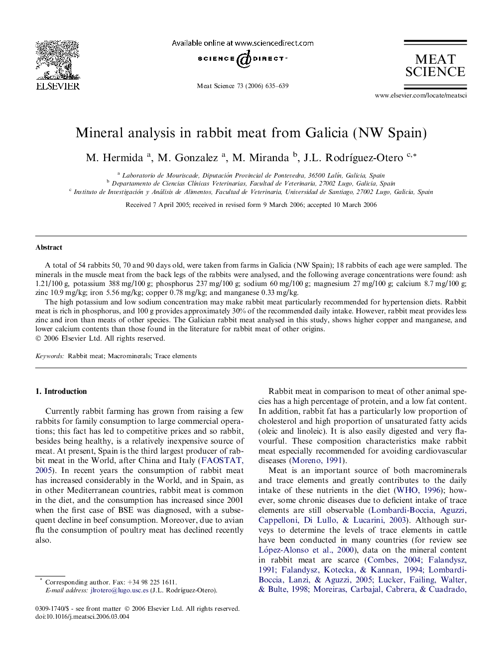 Mineral analysis in rabbit meat from Galicia (NW Spain)