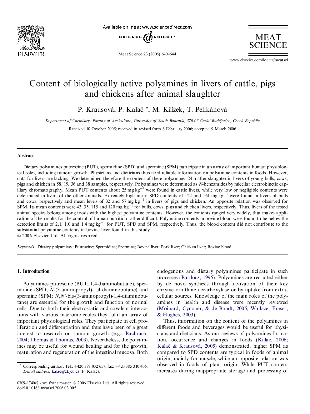 Content of biologically active polyamines in livers of cattle, pigs and chickens after animal slaughter