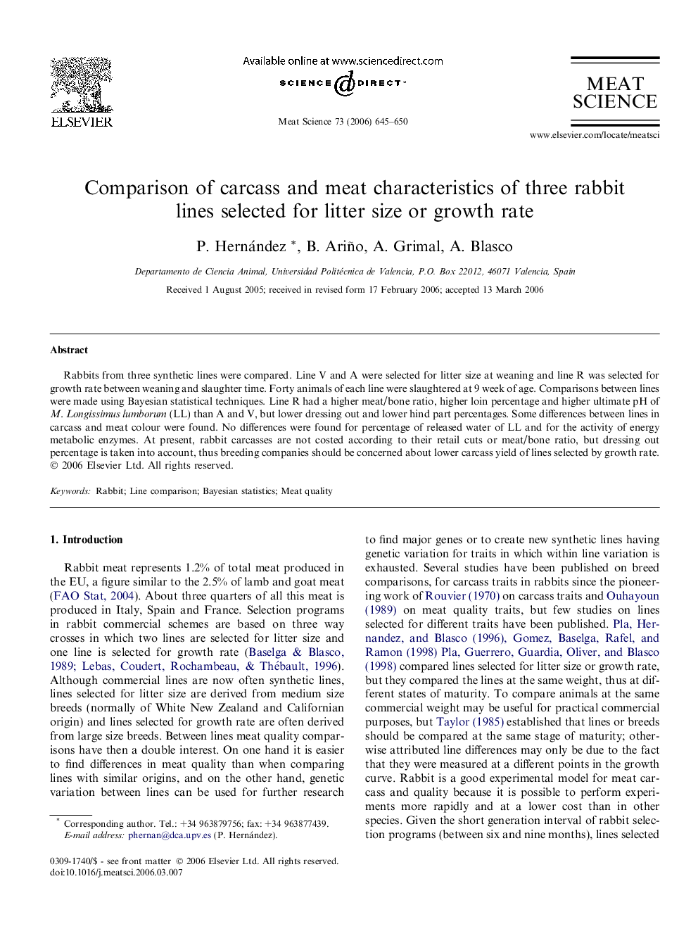 عکس صفحه اول مقاله: Comparison of carcass and meat characteristics of three rabbit lines selected for litter size or growth rate Comparison of carcass and meat characteristics of three rabbit lines selected for litter size or growth rate
