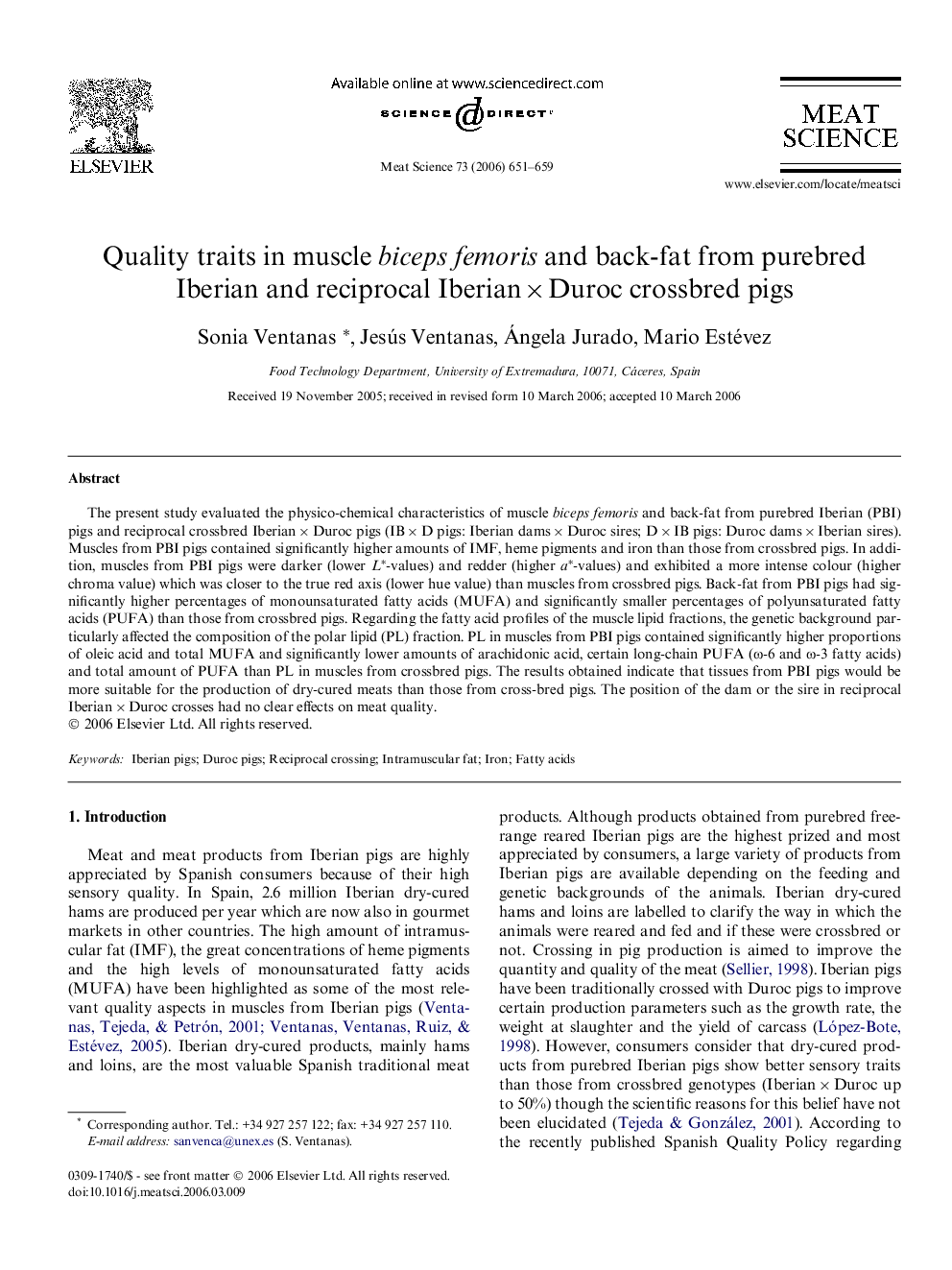 Quality traits in muscle biceps femoris and back-fat from purebred Iberian and reciprocal Iberian × Duroc crossbred pigs