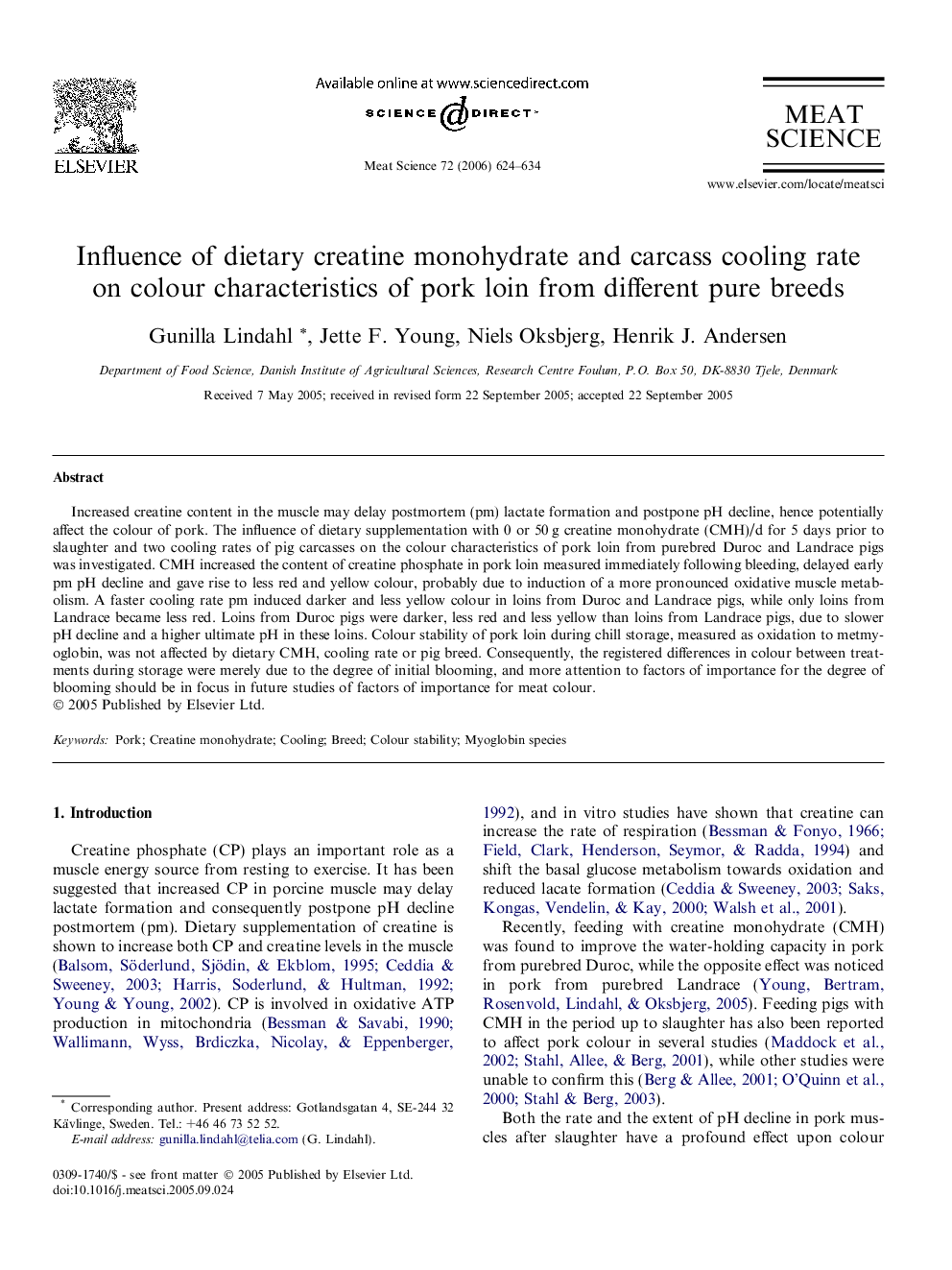 Influence of dietary creatine monohydrate and carcass cooling rate on colour characteristics of pork loin from different pure breeds