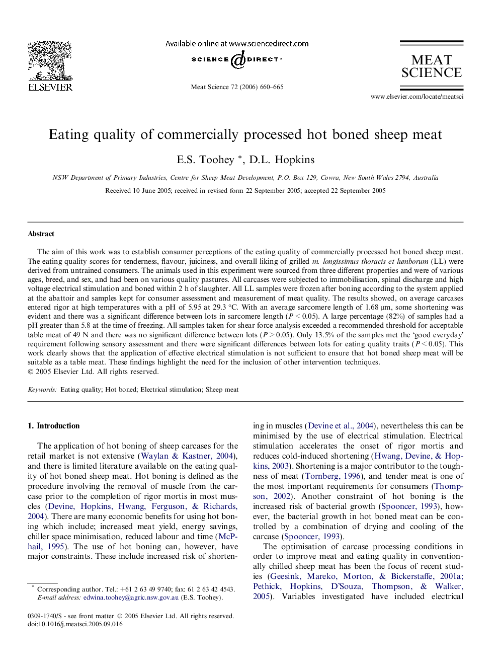 Eating quality of commercially processed hot boned sheep meat