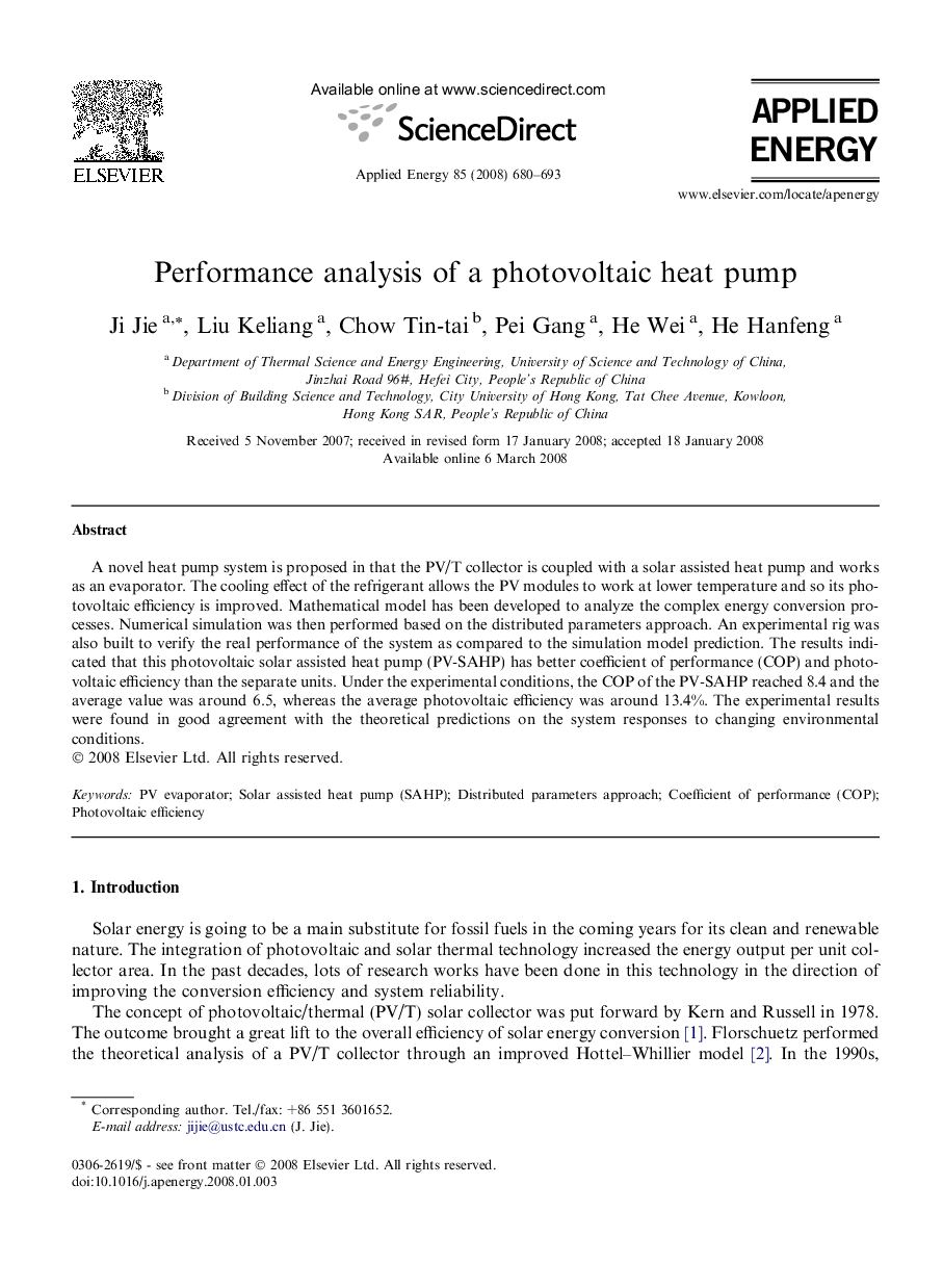 Performance analysis of a photovoltaic heat pump