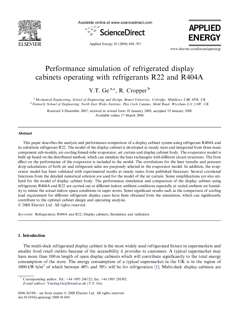 Performance simulation of refrigerated display cabinets operating with refrigerants R22 and R404A