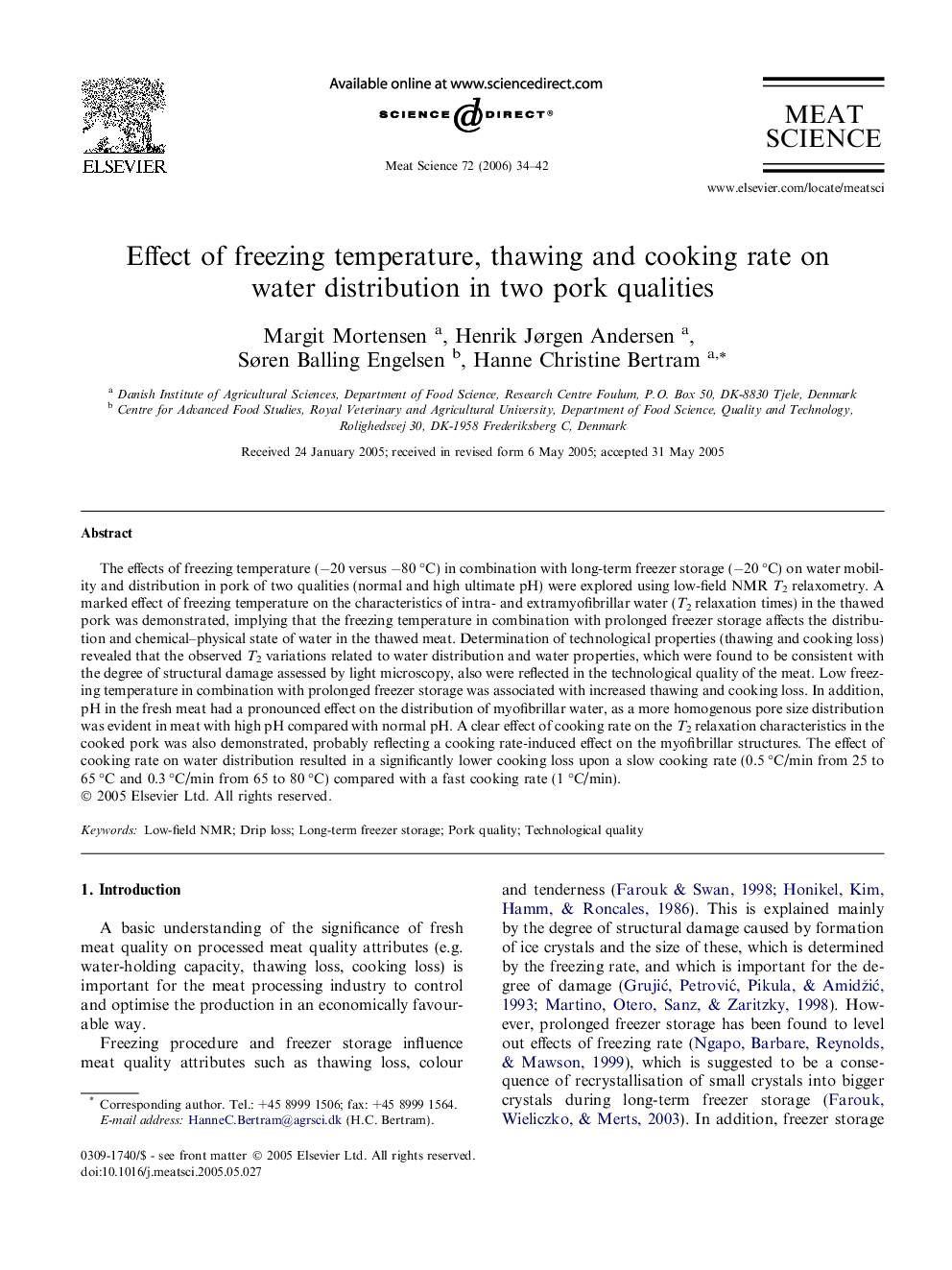 Effect of freezing temperature, thawing and cooking rate on water distribution in two pork qualities