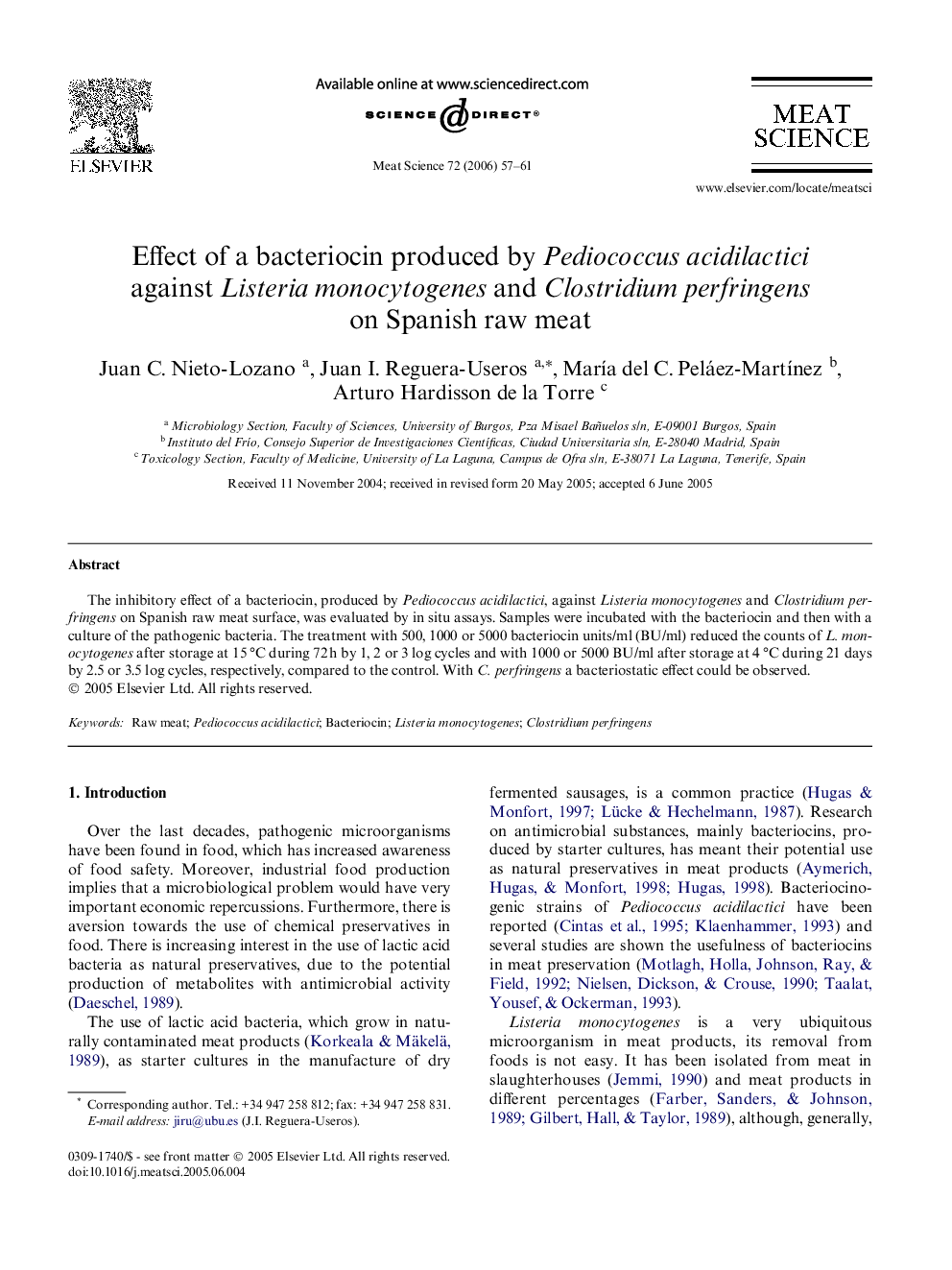 Effect of a bacteriocin produced by Pediococcus acidilactici against Listeria monocytogenes and Clostridium perfringens on Spanish raw meat