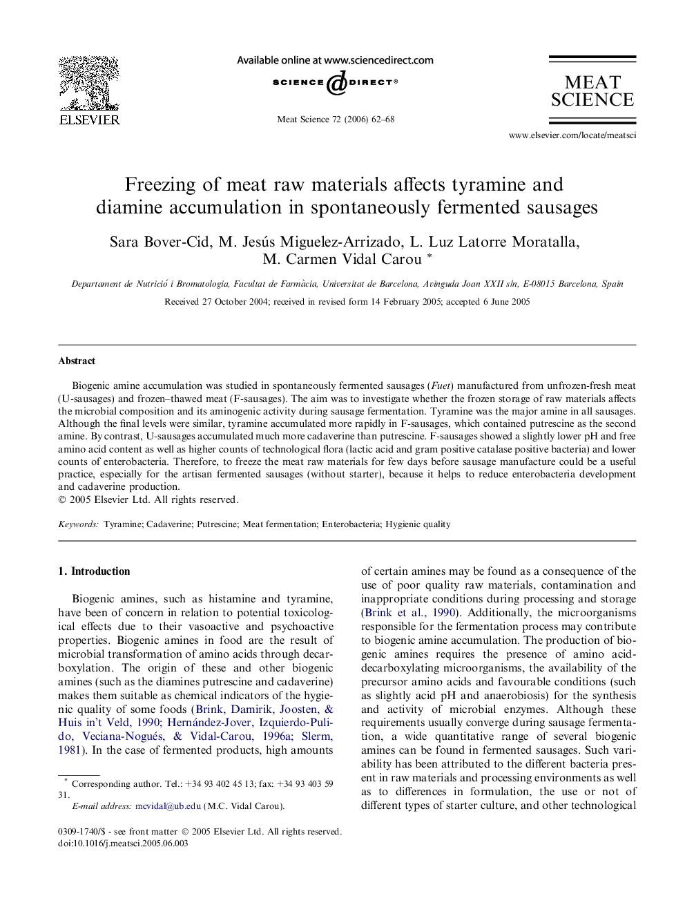 Freezing of meat raw materials affects tyramine and diamine accumulation in spontaneously fermented sausages