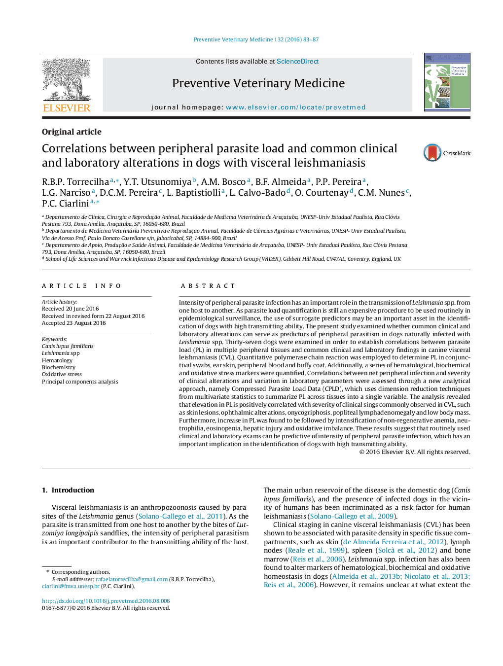 Correlations between peripheral parasite load and common clinical and laboratory alterations in dogs with visceral leishmaniasis