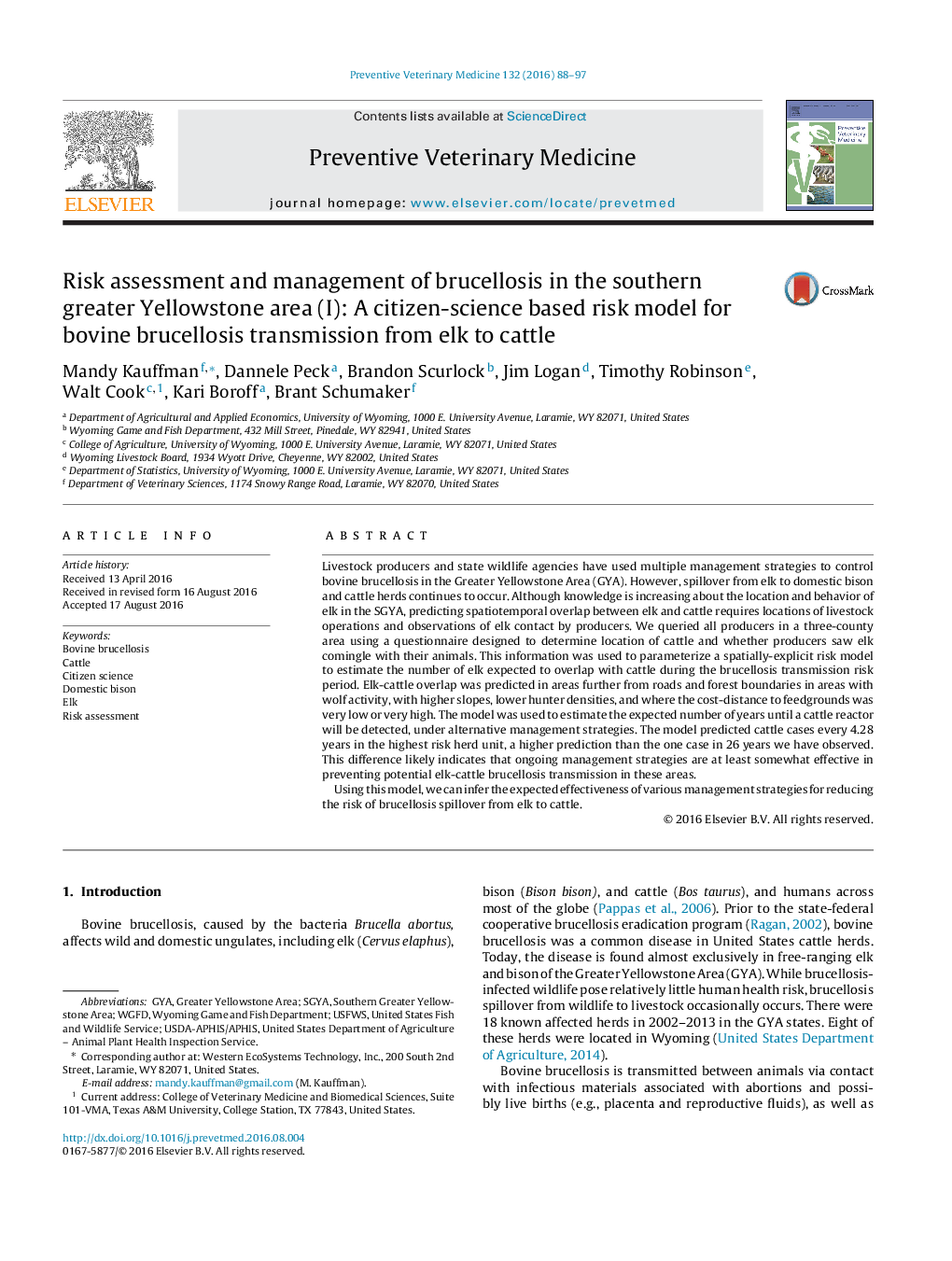 Risk assessment and management of brucellosis in the southern greater Yellowstone area (I): A citizen-science based risk model for bovine brucellosis transmission from elk to cattle