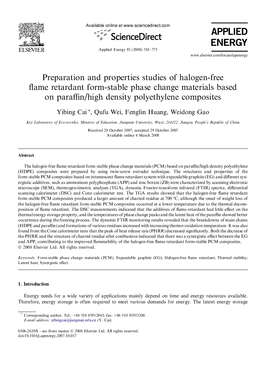 Preparation and properties studies of halogen-free flame retardant form-stable phase change materials based on paraffin/high density polyethylene composites