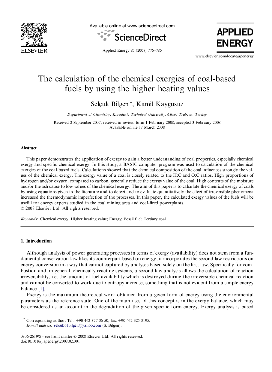 The calculation of the chemical exergies of coal-based fuels by using the higher heating values