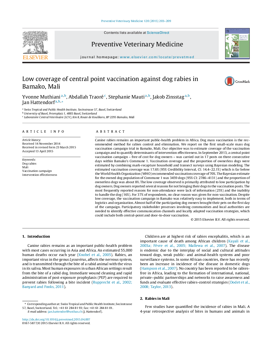 پوشش پایین واکسیناسیون مرکزی نقطه در برابر هاری سگ در باموکو، مالزی 