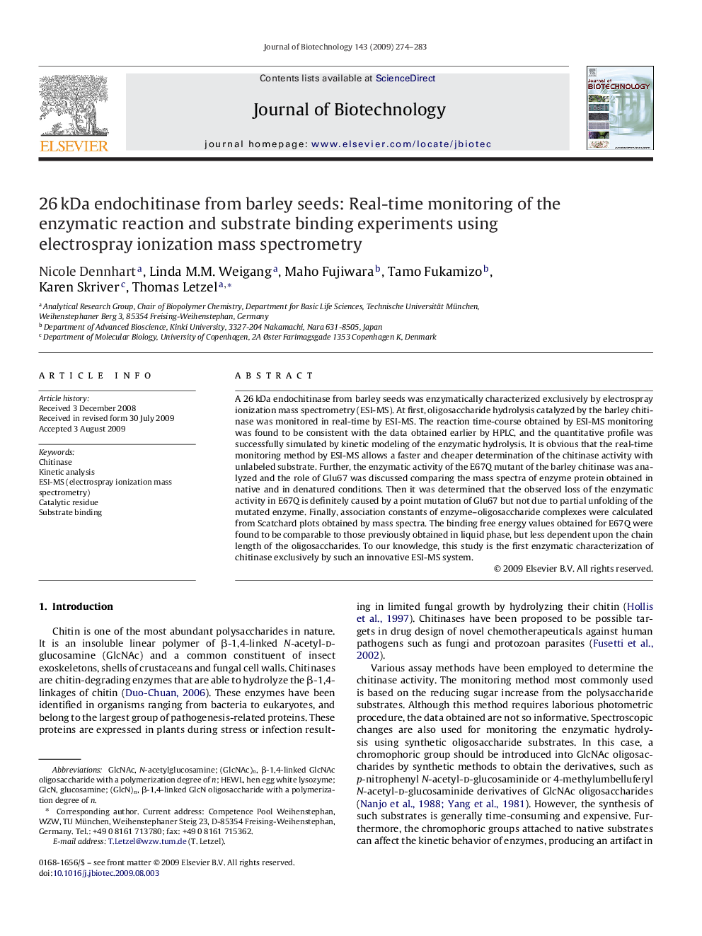 26 kDa endochitinase from barley seeds: Real-time monitoring of the enzymatic reaction and substrate binding experiments using electrospray ionization mass spectrometry