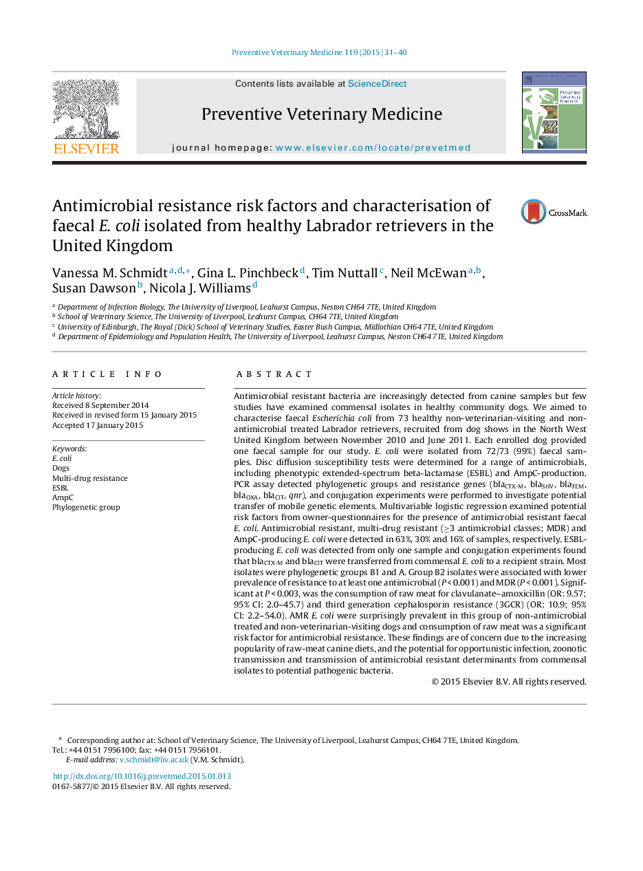 Antimicrobial resistance risk factors and characterisation of faecal E. coli isolated from healthy Labrador retrievers in the United Kingdom