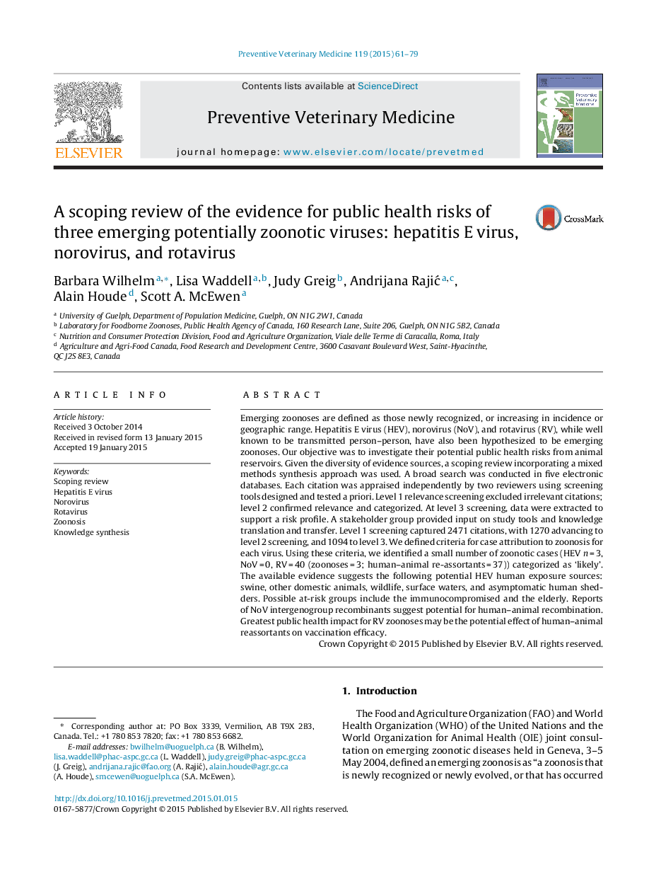 A scoping review of the evidence for public health risks of three emerging potentially zoonotic viruses: hepatitis E virus, norovirus, and rotavirus