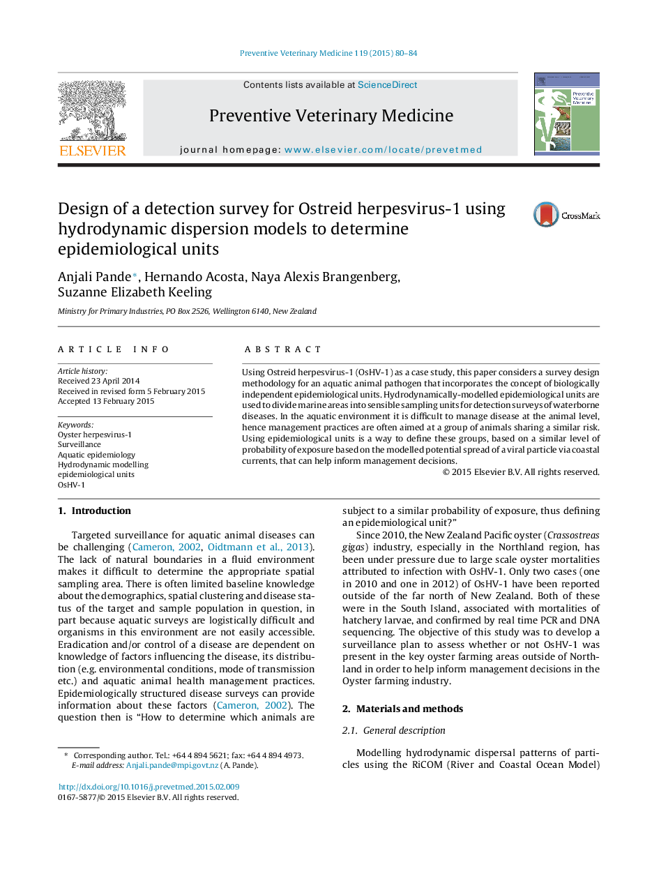 Design of a detection survey for Ostreid herpesvirus-1 using hydrodynamic dispersion models to determine epidemiological units