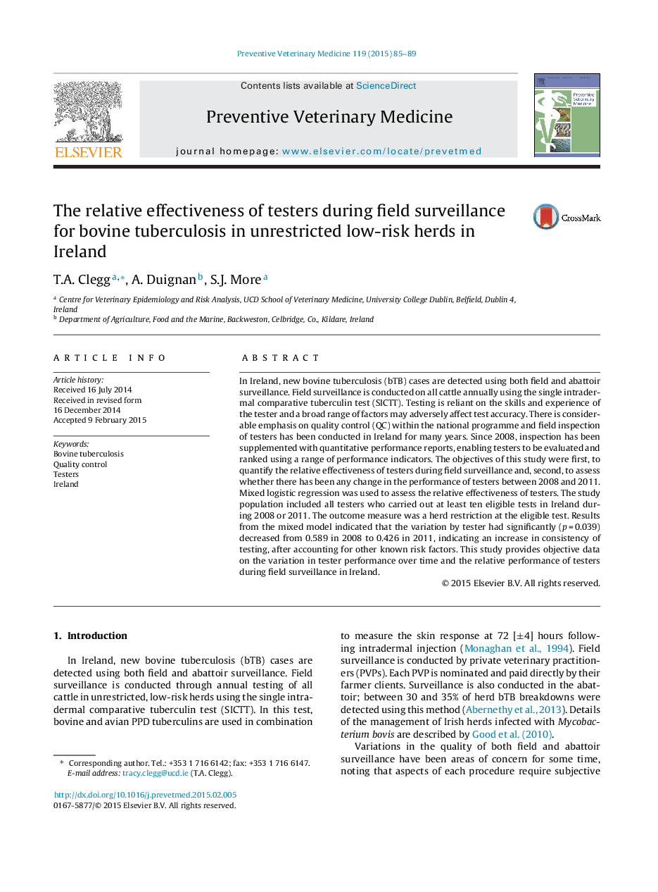 The relative effectiveness of testers during field surveillance for bovine tuberculosis in unrestricted low-risk herds in Ireland