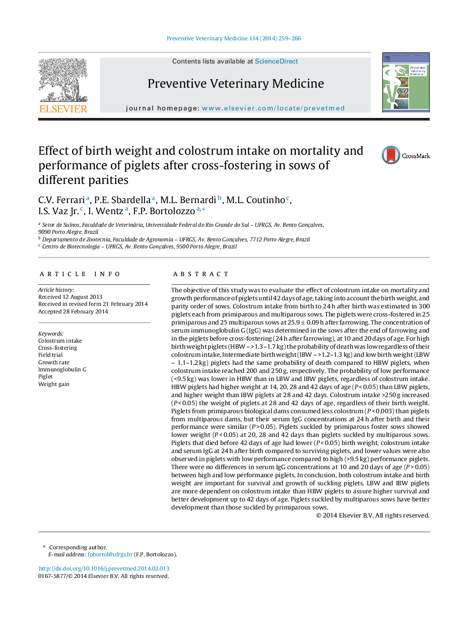 Effect of birth weight and colostrum intake on mortality and performance of piglets after cross-fostering in sows of different parities