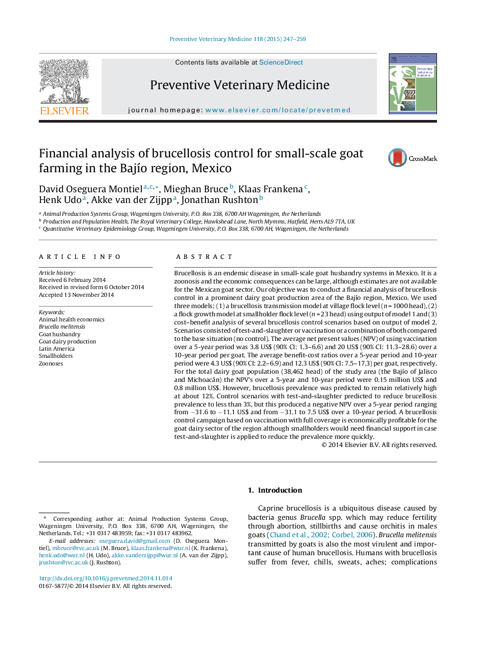 Financial analysis of brucellosis control for small-scale goat farming in the Bajío region, Mexico