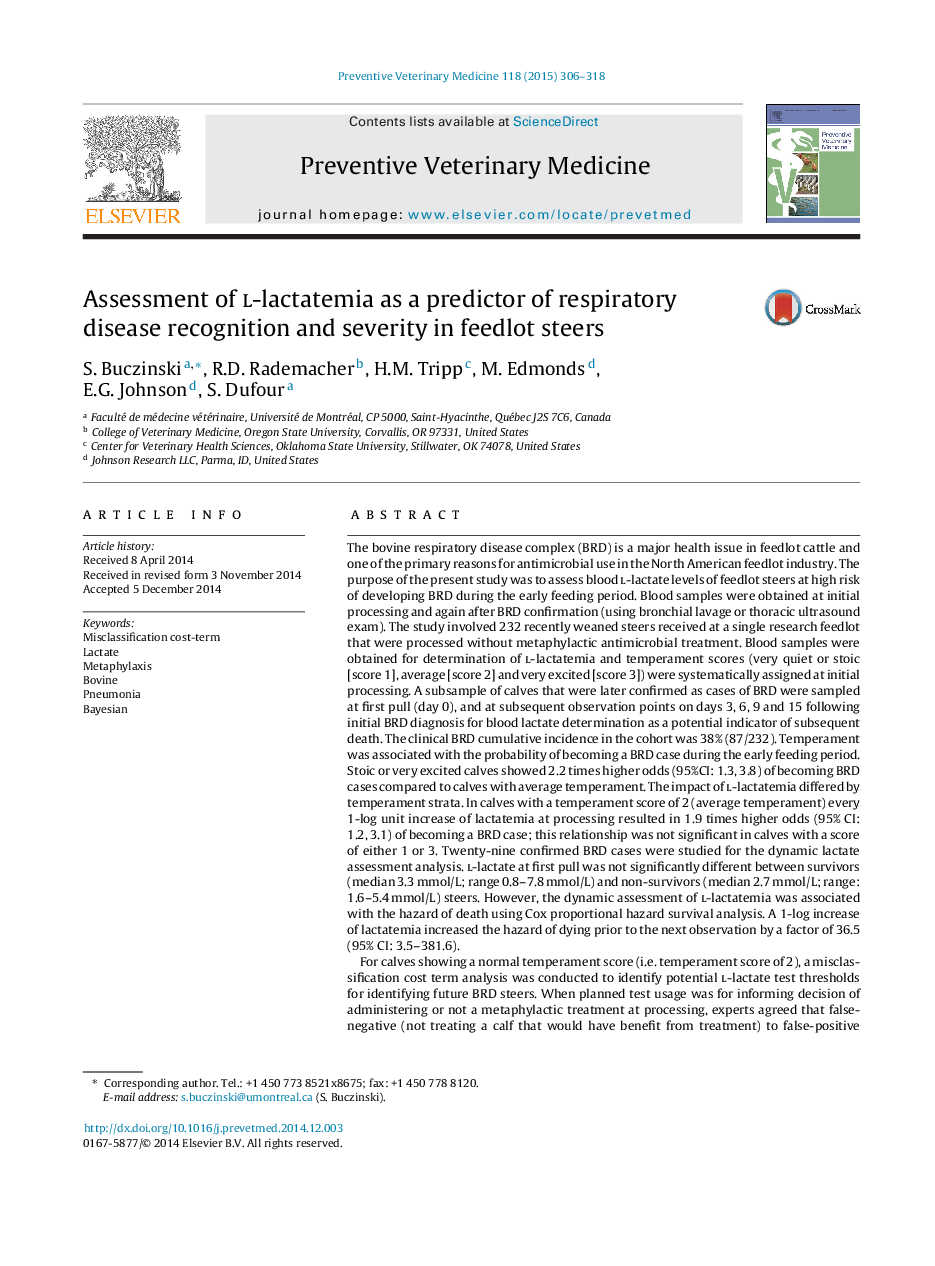 Assessment of l-lactatemia as a predictor of respiratory disease recognition and severity in feedlot steers