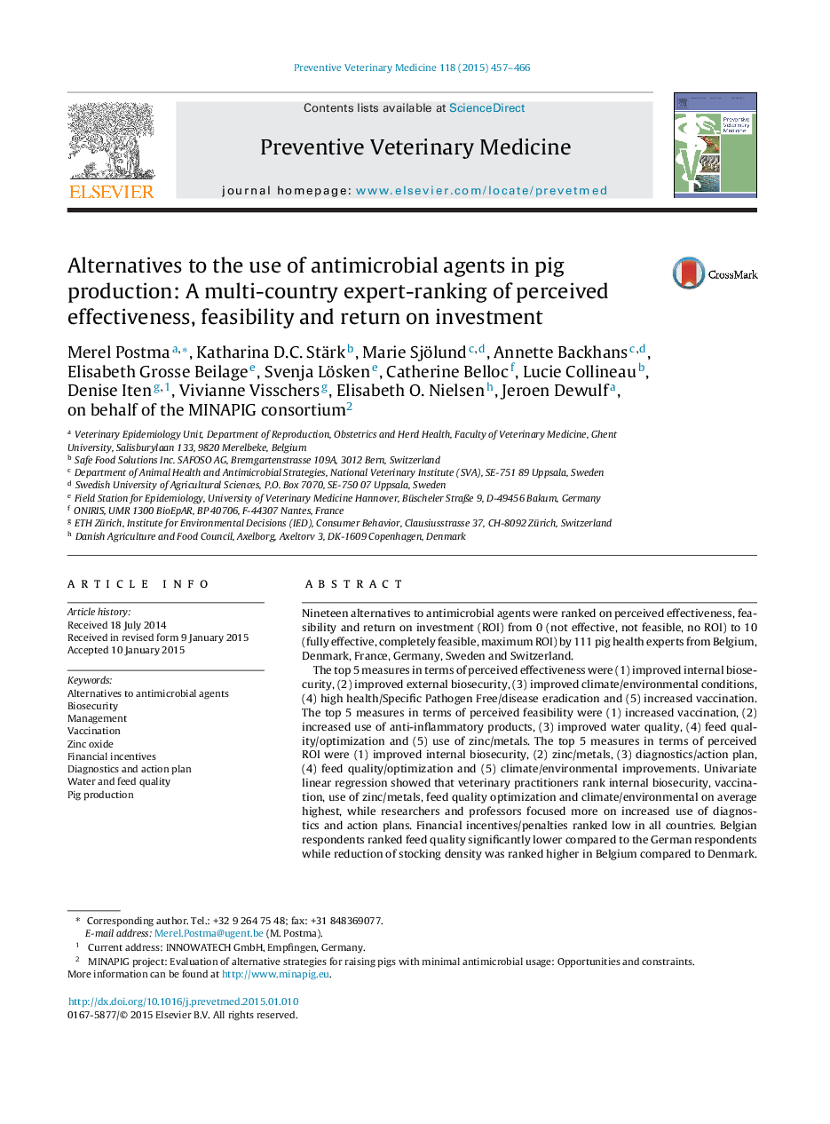 Alternatives to the use of antimicrobial agents in pig production: A multi-country expert-ranking of perceived effectiveness, feasibility and return on investment