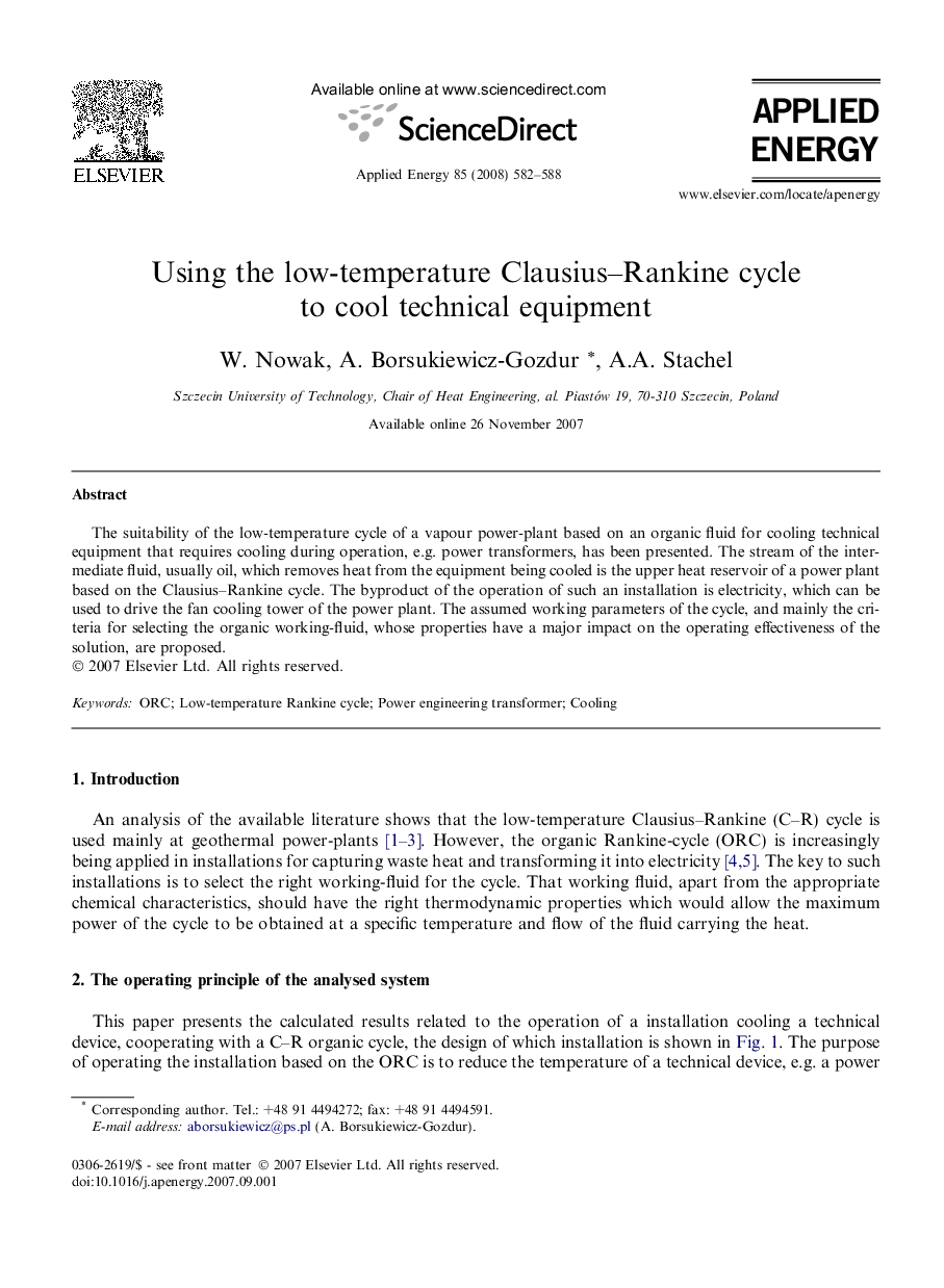 Using the low-temperature Clausius–Rankine cycle to cool technical equipment