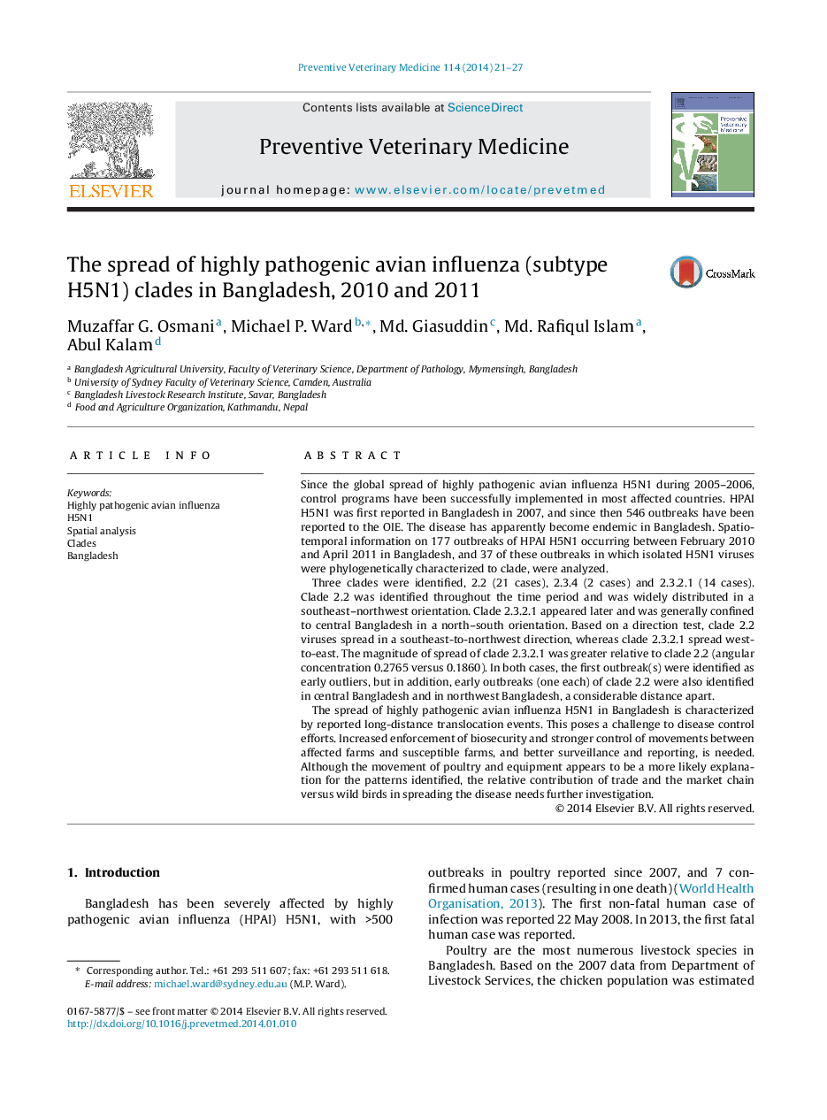 The spread of highly pathogenic avian influenza (subtype H5N1) clades in Bangladesh, 2010 and 2011