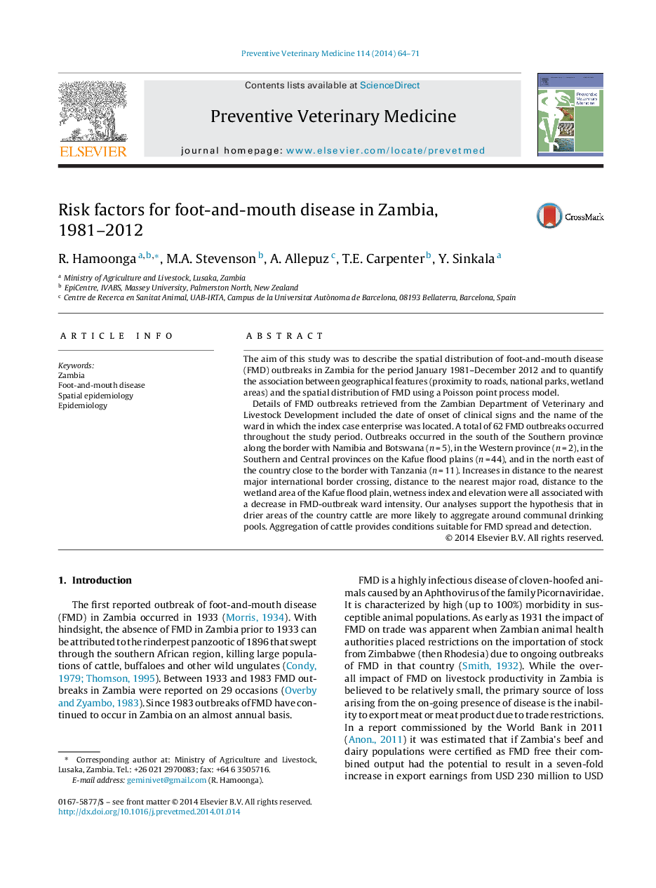 Risk factors for foot-and-mouth disease in Zambia, 1981–2012