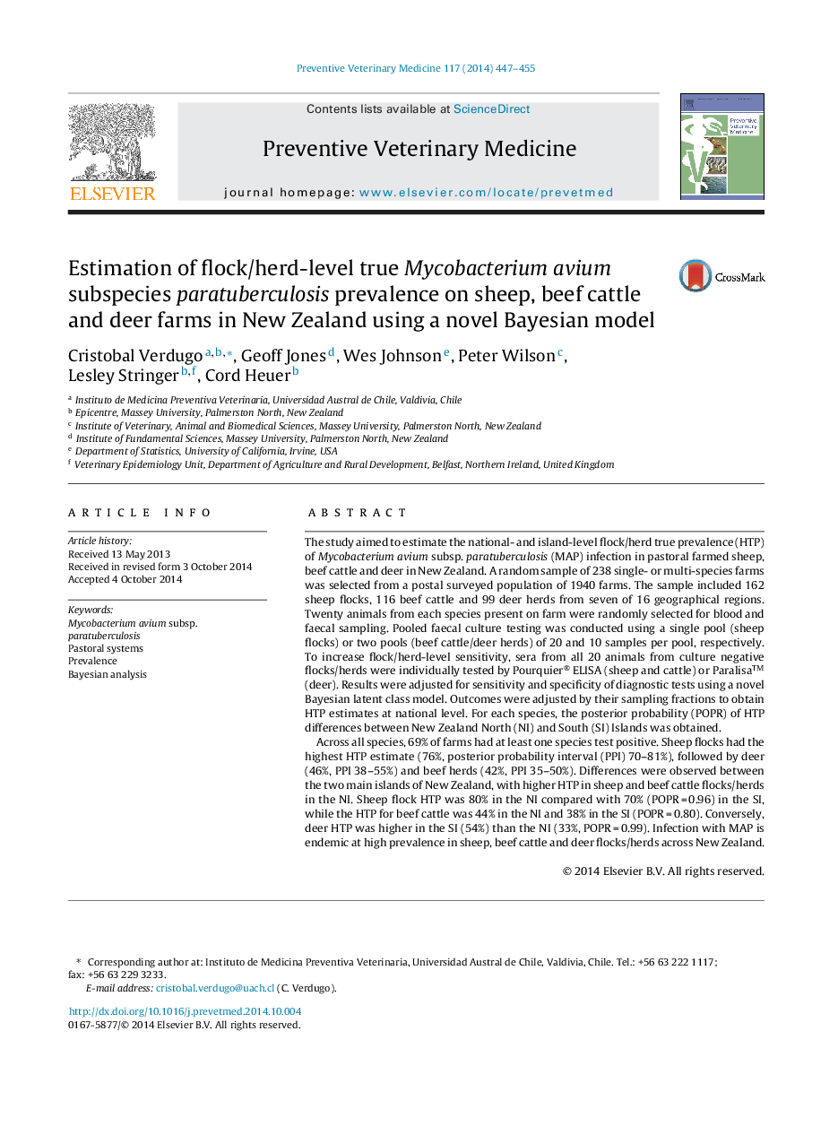 Estimation of flock/herd-level true Mycobacterium avium subspecies paratuberculosis prevalence on sheep, beef cattle and deer farms in New Zealand using a novel Bayesian model