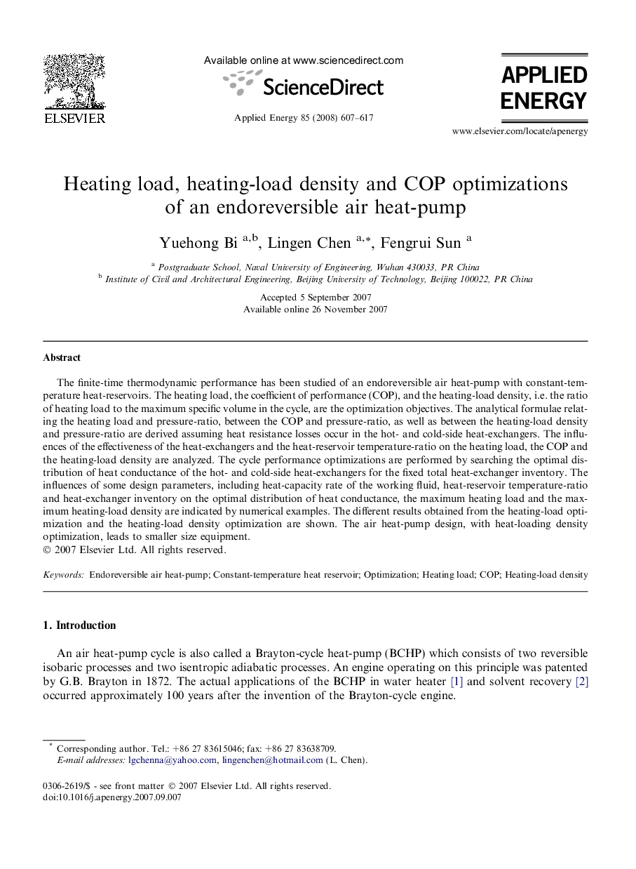 Heating load, heating-load density and COP optimizations of an endoreversible air heat-pump