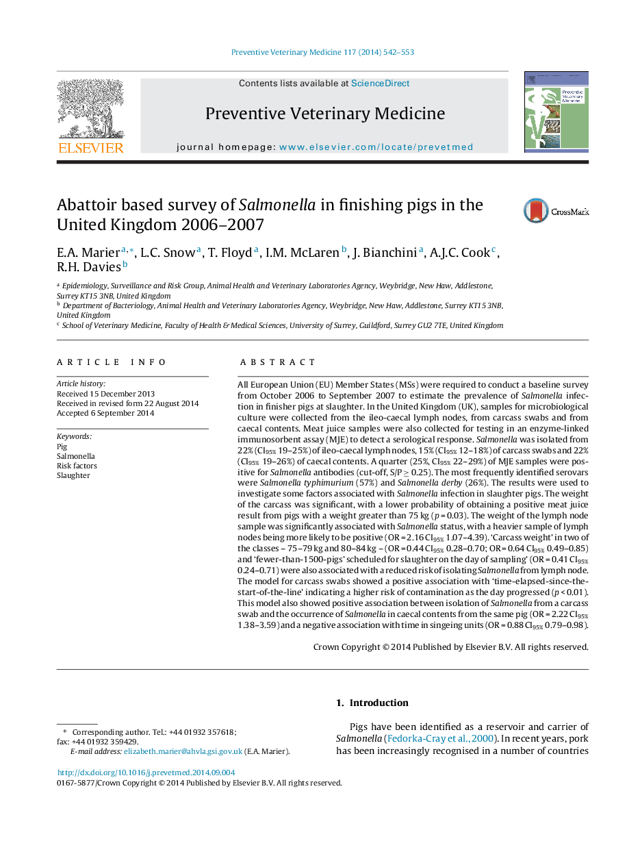 Abattoir based survey of Salmonella in finishing pigs in the United Kingdom 2006–2007