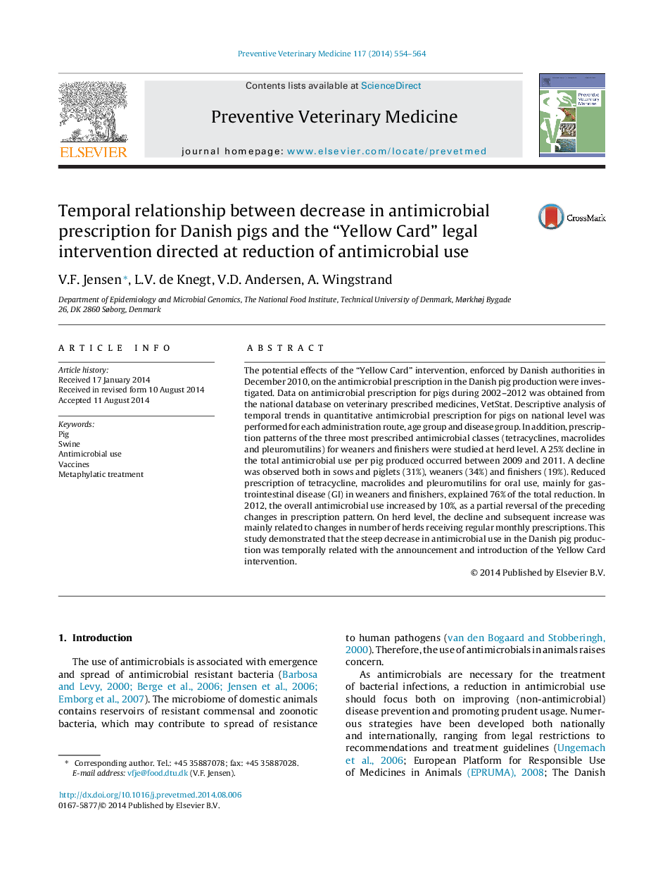 Temporal relationship between decrease in antimicrobial prescription for Danish pigs and the “Yellow Card” legal intervention directed at reduction of antimicrobial use