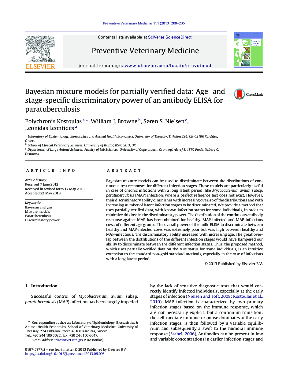 Bayesian mixture models for partially verified data: Age- and stage-specific discriminatory power of an antibody ELISA for paratuberculosis