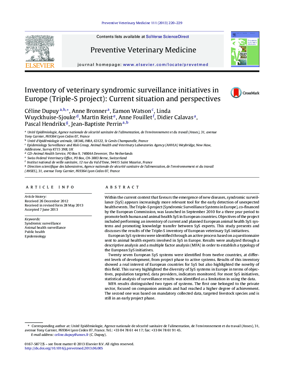 Inventory of veterinary syndromic surveillance initiatives in Europe (Triple-S project): Current situation and perspectives