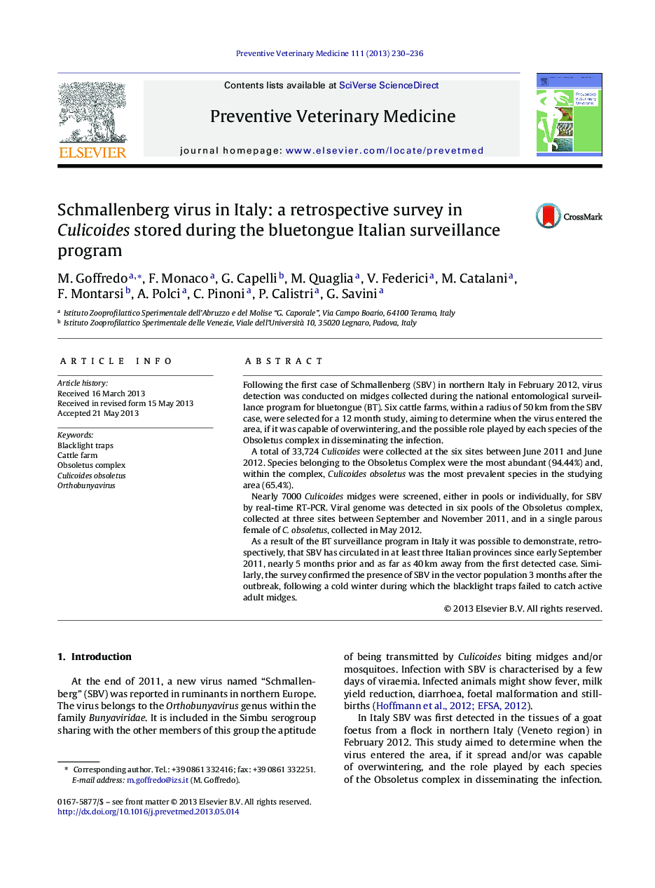 Schmallenberg virus in Italy: a retrospective survey in Culicoides stored during the bluetongue Italian surveillance program