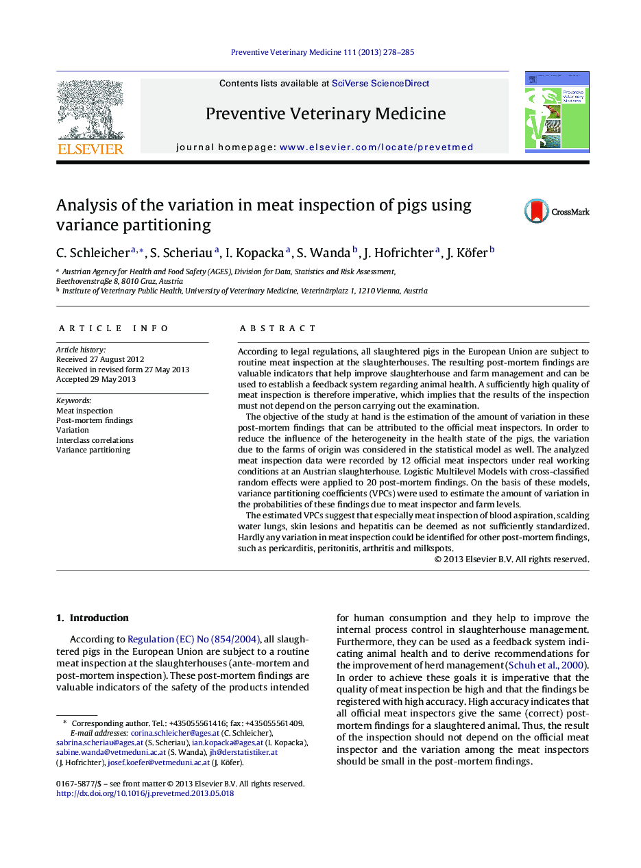Analysis of the variation in meat inspection of pigs using variance partitioning