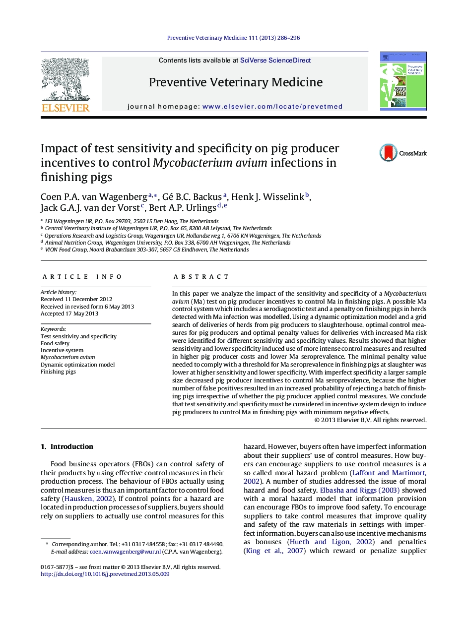 Impact of test sensitivity and specificity on pig producer incentives to control Mycobacterium avium infections in finishing pigs