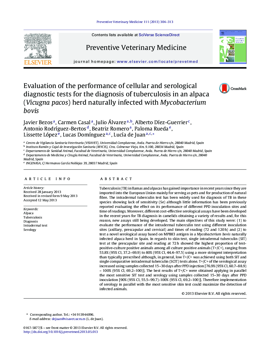 Evaluation of the performance of cellular and serological diagnostic tests for the diagnosis of tuberculosis in an alpaca (Vicugna pacos) herd naturally infected with Mycobacterium bovis